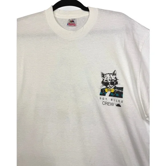 Vintage 1990 Tomkats Catering T Shirt L White Sgt Bilko Film Crew Promo Cat - Picture 3 of 14